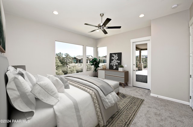bedroom with a ceiling fan, access to exterior, baseboards, recessed lighting, and carpet flooring