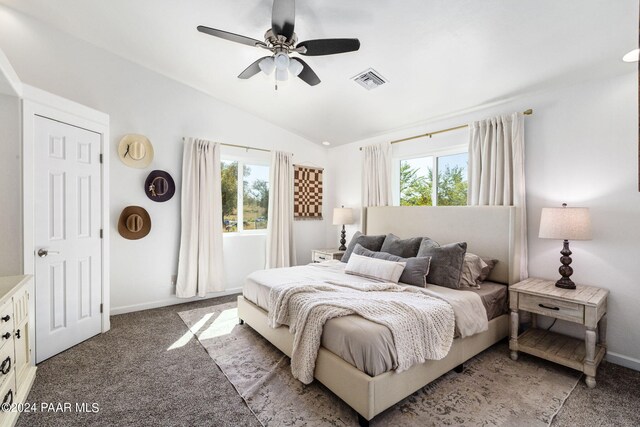 carpeted bedroom with multiple windows, ceiling fan, and lofted ceiling