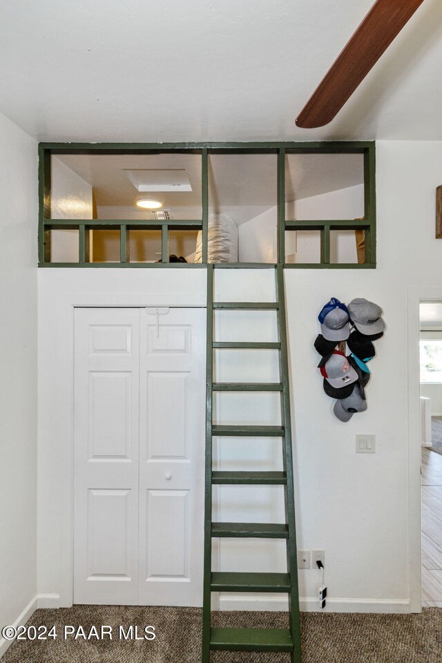 staircase with carpet and ceiling fan