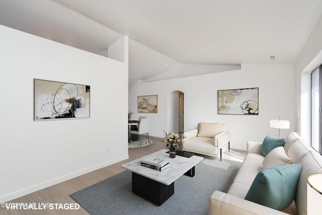 living room with vaulted ceiling and light wood-type flooring