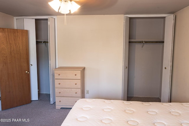 unfurnished bedroom with carpet floors and multiple closets