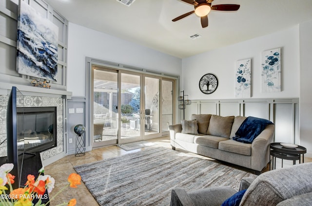 living room with ceiling fan