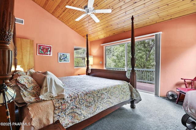 carpeted bedroom featuring access to exterior, wood ceiling, high vaulted ceiling, and ceiling fan