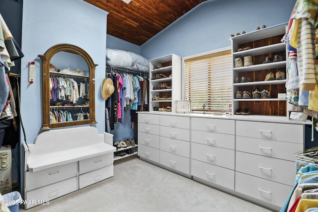 spacious closet with lofted ceiling and light colored carpet