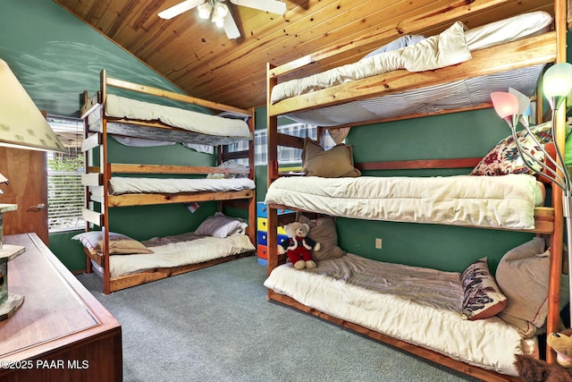 carpeted bedroom with wood ceiling, ceiling fan, and lofted ceiling