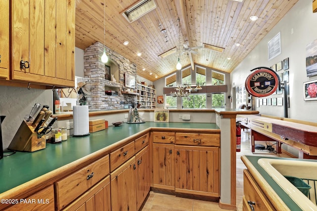 kitchen featuring lofted ceiling with skylight, wooden ceiling, and ceiling fan