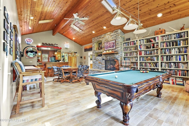 recreation room with beam ceiling, high vaulted ceiling, and wood ceiling