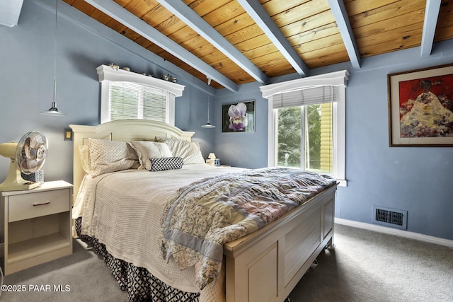 bedroom featuring lofted ceiling with beams, dark colored carpet, and wooden ceiling