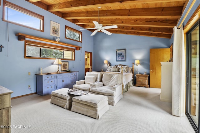 carpeted bedroom with vaulted ceiling with beams, wood ceiling, and ceiling fan