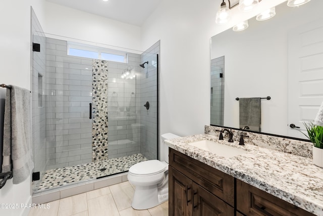 full bath with vanity, a shower stall, and toilet