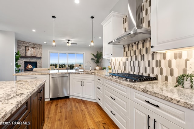 kitchen featuring a sink, decorative backsplash, light wood-style floors, appliances with stainless steel finishes, and wall chimney exhaust hood