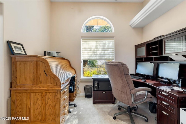 home office with a healthy amount of sunlight and light colored carpet