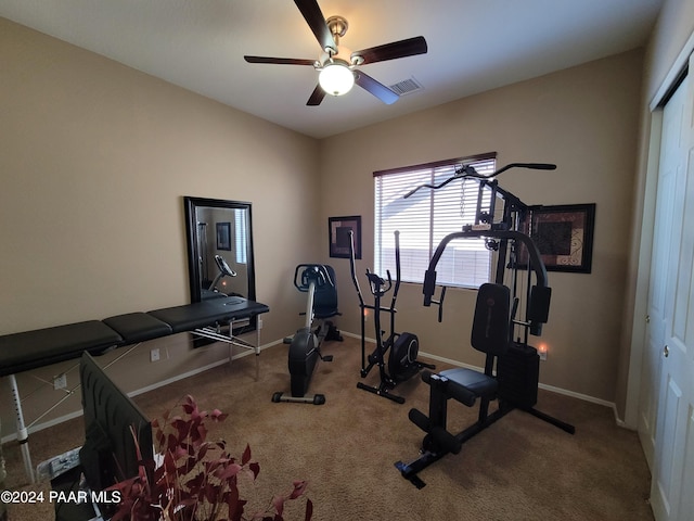 exercise room with carpet flooring and ceiling fan