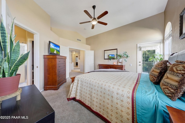 carpeted bedroom with ceiling fan, high vaulted ceiling, and access to outside