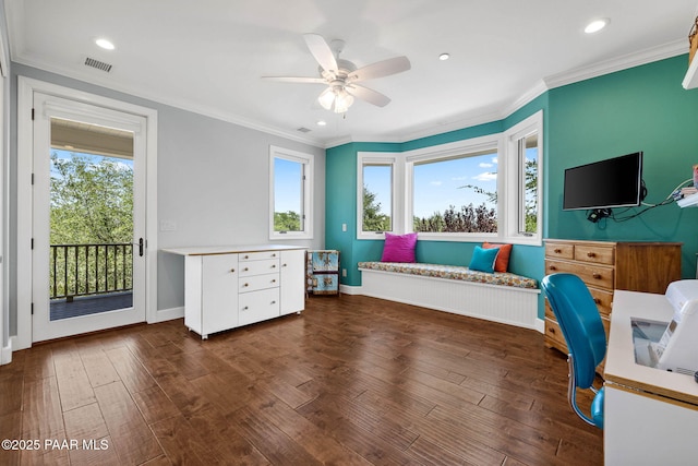 2469 W Post Oak Dr, Prescott, AZ 86305 - home office with plenty of natural light, ceiling fan, wood finished floors, ornamental molding, and recessed lighting