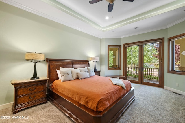 2469 W Post Oak Dr, Prescott, AZ 86305 - bedroom featuring light colored carpet, access to exterior, a ceiling fan, crown molding, and a raised ceiling