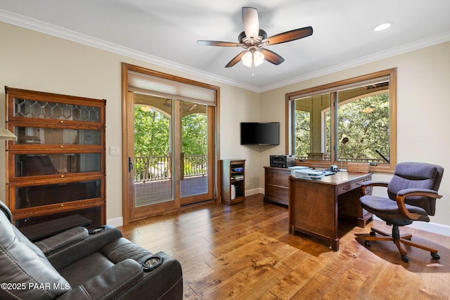 2469 W Post Oak Dr, Prescott, AZ 86305 - office area with hardwood / wood-style floors, ceiling fan, and crown molding