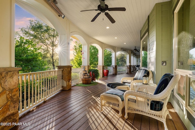 2469 W Post Oak Dr, Prescott, AZ 86305 - deck at dusk featuring ceiling fan and a porch