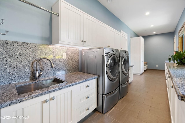 2469 W Post Oak Dr, Prescott, AZ 86305 - laundry area featuring washing machine and clothes dryer, cabinet space, recessed lighting, and tile patterned floors
