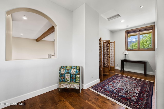 2469 W Post Oak Dr, Prescott, AZ 86305 - sitting room with wood finished floors, arched walkways, attic access, beamed ceiling, and recessed lighting