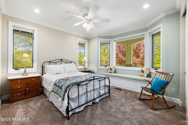 2469 W Post Oak Dr, Prescott, AZ 86305 - bedroom featuring carpet floors, ornamental molding, recessed lighting, and ceiling fan