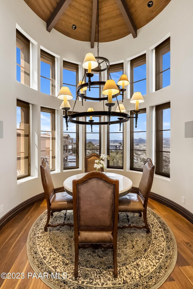 dining area featuring beam ceiling, hardwood / wood-style floors, and wood ceiling