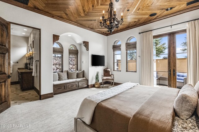 bedroom with light carpet, french doors, ornamental molding, wood ceiling, and a chandelier