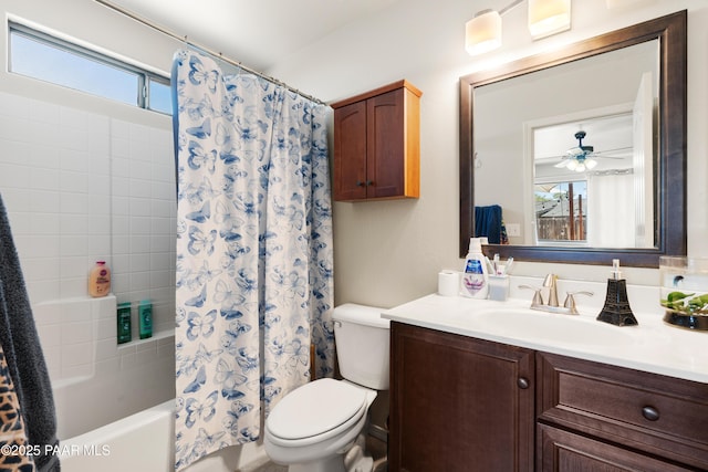8671 E Apache Dr, Prescott Valley, AZ 86314 - bathroom with vanity, shower / bath combo with shower curtain, and a ceiling fan
