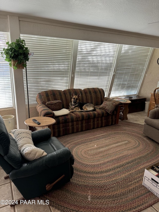 living room with light tile patterned floors and a textured ceiling