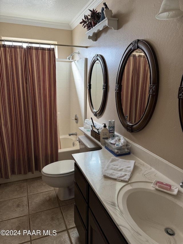 full bathroom with tile patterned floors, crown molding, toilet, shower / bath combo with shower curtain, and a textured ceiling