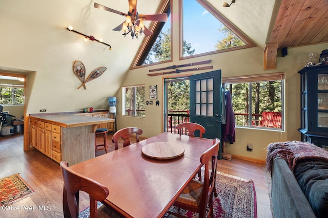 dining space with light hardwood / wood-style floors, high vaulted ceiling, and ceiling fan