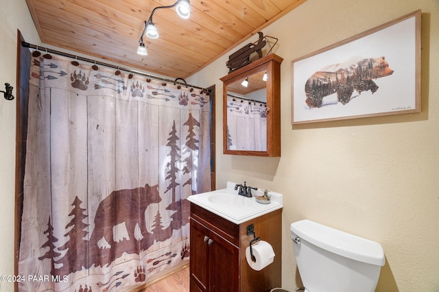 bathroom featuring vanity, hardwood / wood-style flooring, toilet, walk in shower, and wood ceiling