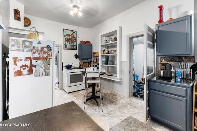 kitchen with blue cabinetry, decorative backsplash, ceiling fan, and white appliances