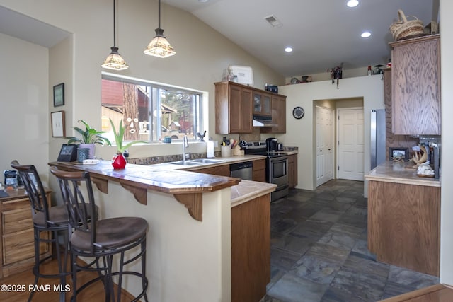1101 S Milton Ave, Prescott, AZ 86303 - kitchen with stainless steel appliances, a sink, under cabinet range hood, a peninsula, and lofted ceiling
