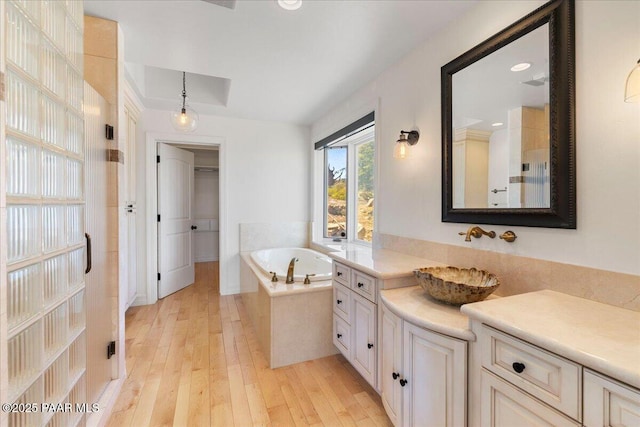 bathroom with a garden tub, hardwood / wood-style floors, and vanity