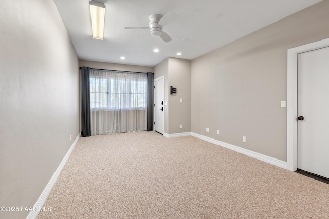 unfurnished room with carpet flooring, recessed lighting, baseboards, and ceiling fan