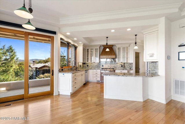 kitchen with a sink, stainless steel appliances, visible vents, and custom range hood