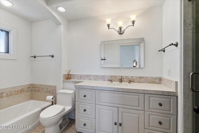 full bath featuring vanity, a garden tub, toilet, and a shower with shower door