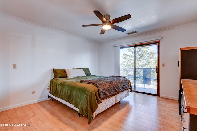 bedroom featuring ornamental molding, wood finished floors, visible vents, and access to exterior