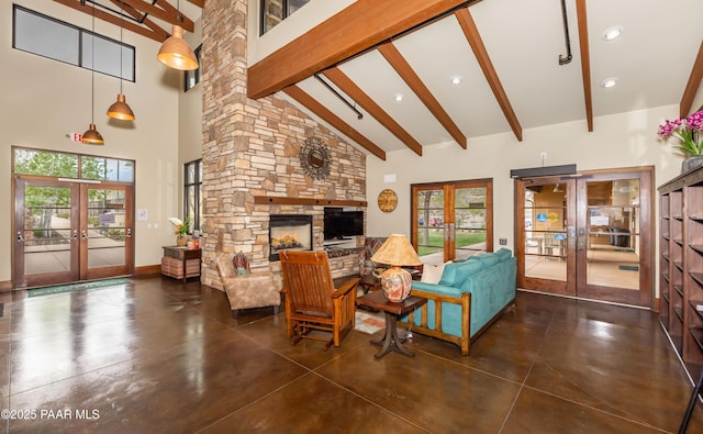1291 N Wide Open Trl, Prescott Valley, AZ 86314 - living room featuring french doors, beamed ceiling, concrete flooring, high vaulted ceiling, and recessed lighting