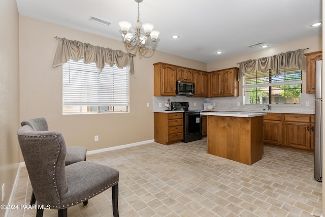 kitchen with a center island, backsplash, hanging light fixtures, a notable chandelier, and stainless steel appliances