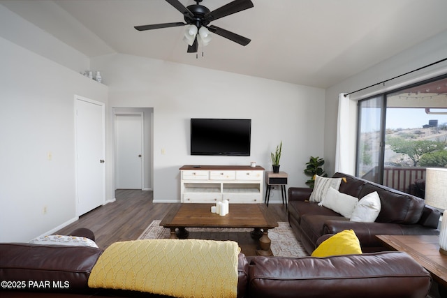 17571 E Hummingbird Ln, Mayer, AZ 86333 - living room featuring lofted ceiling, a ceiling fan, wood finished floors, and baseboards
