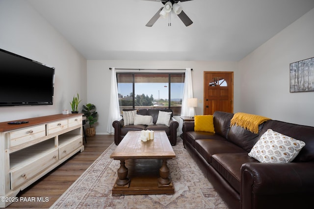 17571 E Hummingbird Ln, Mayer, AZ 86333 - living room featuring a ceiling fan, wood finished floors, and baseboards