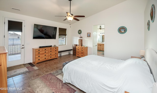 bedroom featuring ceiling fan, lofted ceiling, access to outside, and multiple windows