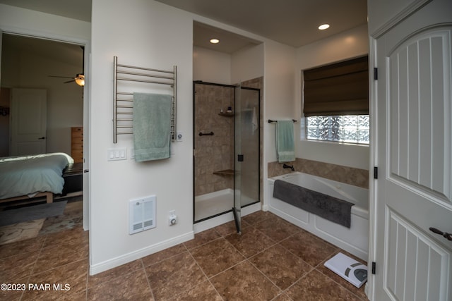 bathroom with tile patterned floors, ceiling fan, and independent shower and bath