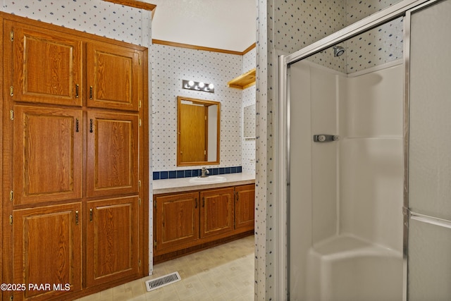 bathroom with vanity and walk in shower