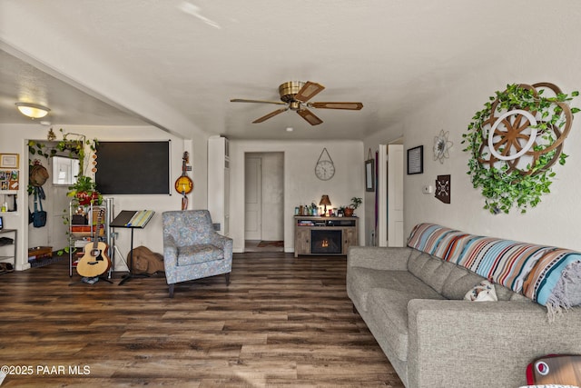 living room with ceiling fan and dark hardwood / wood-style flooring