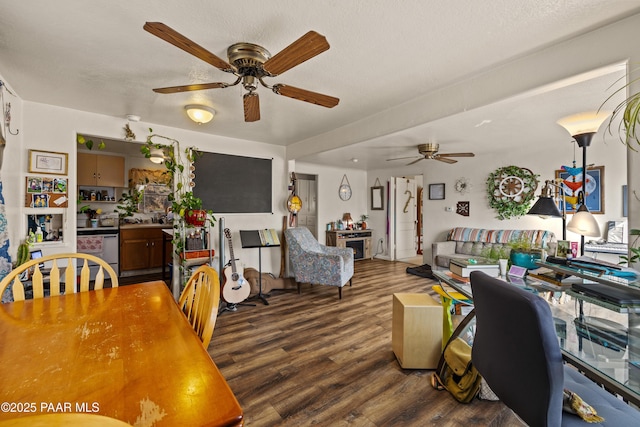 dining space with hardwood / wood-style flooring, a textured ceiling, and ceiling fan