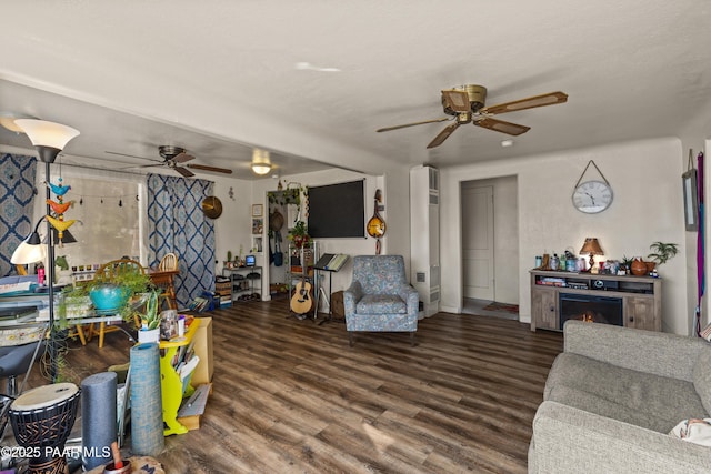 living room with hardwood / wood-style flooring and ceiling fan