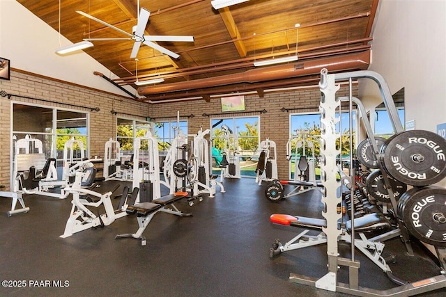 13014 E Vega St, Dewey-Humboldt, AZ 86327 - exercise room featuring wood ceiling, brick wall, and a high ceiling